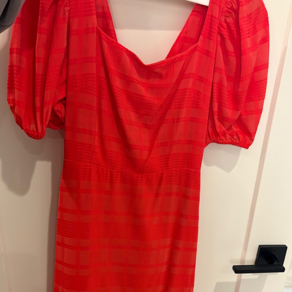 Christy Red Midi Dress with Puff Sleeves and Crew Neck